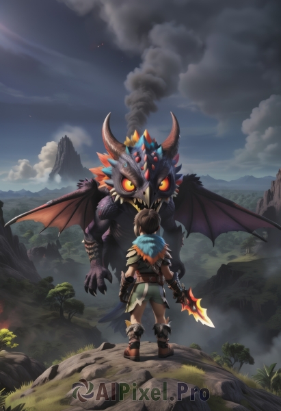 gloves,1boy,holding,blue hair,standing,tail,yellow eyes,weapon,male focus,boots,outdoors,wings,horns,sky,shorts,teeth,belt,sword,cloud,bag,from behind,holding weapon,armor,tree,orange eyes,night,glowing,brown footwear,holding sword,cloudy sky,grass,claws,smoke,colored sclera,monster,rock,mountain,fantasy,dragon,facing away,extra eyes,demon,1girl,short hair,brown hair,fur trim,sharp teeth,glowing eyes,size difference,spread wings