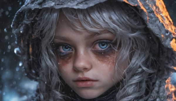 1girl,solo,looking at viewer,bangs,blue eyes,closed mouth,white hair,grey hair,parted lips,artist name,tears,hood,blurry,lips,eyelashes,fire,portrait,snow,close-up,hood up,freckles,snowing,realistic,nose,blush,fur trim,depth of field,blurry background,water drop