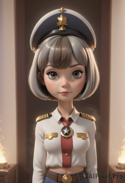 1girl,solo,breasts,looking at viewer,smile,short hair,bangs,brown hair,shirt,long sleeves,hat,navel,brown eyes,medium breasts,closed mouth,white shirt,upper body,grey hair,small breasts,necktie,midriff,collared shirt,belt,pants,indoors,blurry,uniform,lips,grey eyes,military,eyelashes,military uniform,bob cut,denim,red necktie,blue headwear,freckles,epaulettes,military hat,arms at sides,blue pants,brown belt,medal,blush,multicolored hair,realistic