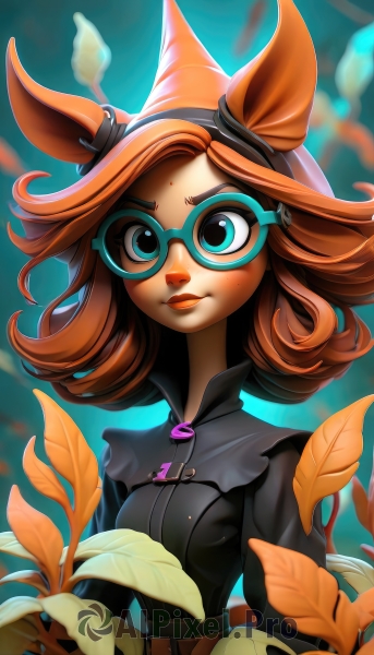 1girl,solo,breasts,short hair,blue eyes,brown hair,hat,animal ears,closed mouth,green eyes,upper body,flower,small breasts,glasses,belt,orange hair,lips,makeup,leaf,facial mark,horse ears,lipstick,goggles,freckles,curly hair,round eyewear,looking at viewer,artist name,plant,nose