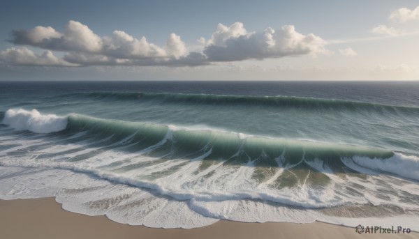 outdoors,sky,day,cloud,water,blue sky,no humans,ocean,beach,cloudy sky,nature,scenery,sand,horizon,waves,landscape,shore,monochrome