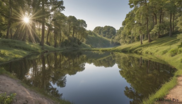 outdoors,sky,day,water,tree,no humans,sunlight,grass,plant,nature,scenery,forest,sun,road,river,landscape,path,cloud,blue sky,reflection,light rays,bush,reflective water