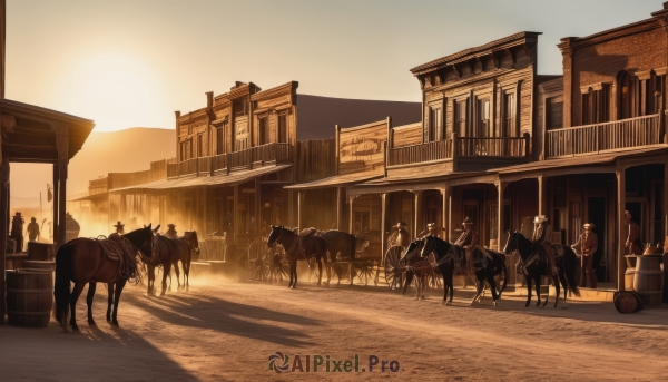 outdoors,multiple boys,sky,no humans,shadow,animal,sunlight,ground vehicle,building,scenery,6+boys,sunset,city,road,riding,sepia,horse,horseback riding,barrel,cart,window,bottle,sign,sun,silhouette,house,multiple others,street,evening,crowd,town,people