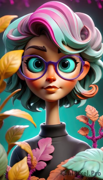 1girl,solo,looking at viewer,smile,short hair,closed mouth,green eyes,blue hair,upper body,pink hair,flower,multicolored hair,glasses,artist name,blurry,two-tone hair,aqua eyes,sweater,lips,streaked hair,gradient,gradient background,eyelashes,aqua hair,makeup,turtleneck,leaf,watermark,thick eyebrows,plant,lipstick,portrait,eyeshadow,freckles,round eyewear,blue eyes,shirt,green hair,web address,curly hair,nose,purple-framed eyewear