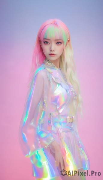 1girl,solo,long hair,looking at viewer,bangs,skirt,blonde hair,simple background,long sleeves,jewelry,closed mouth,standing,jacket,pink hair,multicolored hair,cowboy shot,belt,blunt bangs,necklace,lips,see-through,gradient,gradient background,makeup,purple background,nose,colorful,rainbow hair,breasts,blue eyes,dress,earrings,streaked hair,looking to the side,expressionless,piercing,pink background,realistic