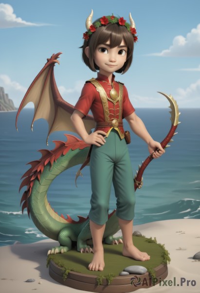 solo,looking at viewer,smile,short hair,brown hair,shirt,1boy,holding,brown eyes,standing,tail,full body,weapon,flower,short sleeves,male focus,outdoors,wings,horns,sky,barefoot,day,pants,cloud,water,blue sky,hand on hip,ocean,beach,red shirt,child,dragon horns,dragon girl,rock,sand,dragon,dragon tail,horizon,male child,head wreath,dragon wings,capri pants,flower wreath,dragon boy,1girl,hair ornament,closed mouth,artist name,hair flower,holding weapon,grass,red flower,pouch,fantasy,scales,green pants