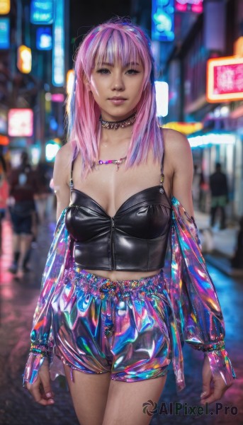 1girl,solo,long hair,breasts,looking at viewer,bangs,cleavage,bare shoulders,brown eyes,jewelry,medium breasts,closed mouth,standing,pink hair,multicolored hair,cowboy shot,outdoors,shorts,choker,midriff,necklace,nail polish,blurry,lips,blurry background,pink nails,realistic,shiny,night,ring,zipper,city,neon lights