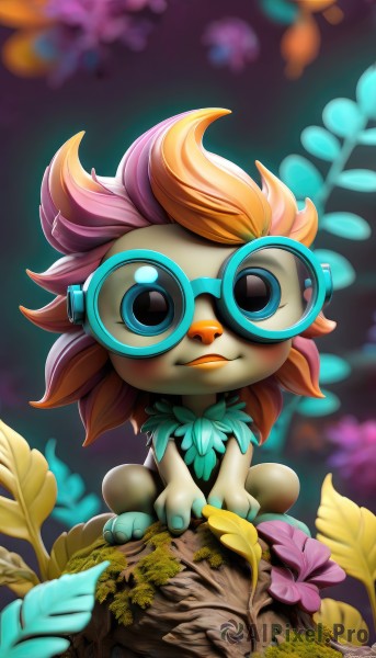 1girl,solo,looking at viewer,smile,blue eyes,sitting,closed mouth,full body,flower,multicolored hair,glasses,artist name,orange hair,blurry,tree,pokemon (creature),no humans,blurry background,headphones,leaf,watermark,squatting,plant,goggles,furry,pink flower,round eyewear,blue-framed eyewear,tree stump,short hair,pink hair,barefoot,two-tone hair,spiked hair,web address,furry female,tinted eyewear,green-framed eyewear,white-framed eyewear