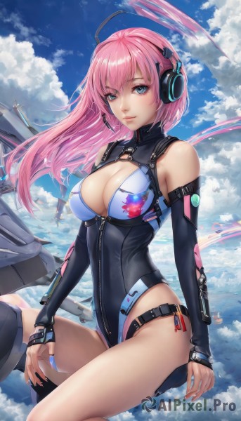 1girl,solo,long hair,breasts,looking at viewer,smile,bangs,blue eyes,large breasts,thighhighs,cleavage,hair between eyes,bare shoulders,medium breasts,sitting,closed mouth,pink hair,ahoge,thighs,outdoors,detached sleeves,sky,day,shiny,artist name,cloud,nail polish,leotard,blue sky,lips,fingernails,shiny skin,clothing cutout,floating hair,headphones,highleg,cleavage cutout,cloudy sky,single thighhigh,black leotard,highleg leotard,zipper,headset,long fingernails,pink lips,aircraft,swimsuit,belt,turtleneck,halo