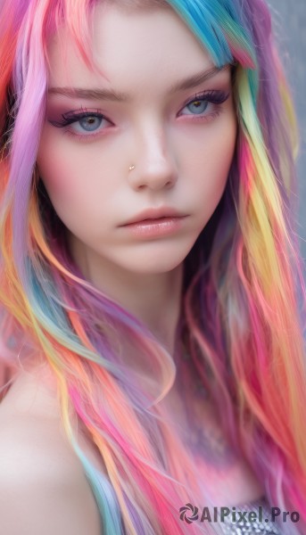 1girl,solo,long hair,looking at viewer,blue eyes,bare shoulders,closed mouth,blue hair,upper body,pink hair,multicolored hair,lips,streaked hair,eyelashes,makeup,watermark,piercing,portrait,web address,close-up,eyeshadow,freckles,realistic,nose,eyeliner,mascara,rainbow hair,bangs,blonde hair,artist name,orange hair,blurry,grey eyes,expressionless,nose piercing