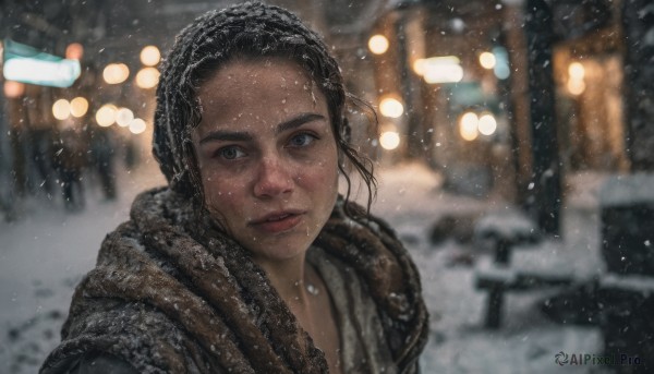 1girl,solo,looking at viewer,black hair,brown eyes,upper body,outdoors,parted lips,dark skin,scarf,blurry,black eyes,lips,depth of field,blurry background,portrait,snow,snowing,realistic,nose,winter clothes,winter,hood,grey eyes,night,freckles