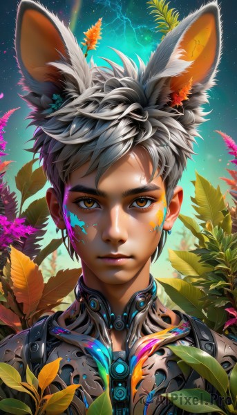 solo,looking at viewer,short hair,1boy,animal ears,brown eyes,jewelry,closed mouth,upper body,flower,grey hair,male focus,earrings,outdoors,sky,artist name,rabbit ears,lips,eyelashes,leaf,facial mark,plant,portrait,star (sky),extra ears,androgynous,science fiction,nose,facepaint,cyborg,paint splatter,cyberpunk,bangs,yellow eyes,multicolored hair,scar,thick eyebrows,scar on face,close-up,pink lips,very short hair,paint