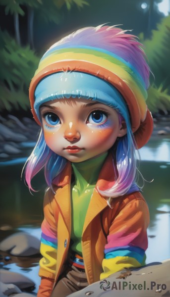 1girl,solo,long hair,looking at viewer,blush,blue eyes,shirt,long sleeves,hat,closed mouth,blue hair,jacket,upper body,pink hair,multicolored hair,outdoors,open clothes,belt,pants,water,open jacket,lips,makeup,lipstick,child,nature,multicolored clothes,beanie,female child,rainbow,multicolored headwear,purple hair,coat,freckles,realistic,nose