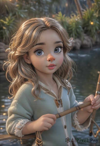 1girl,solo,long hair,looking at viewer,blue eyes,blonde hair,brown hair,shirt,hair ornament,long sleeves,holding,jewelry,upper body,earrings,outdoors,parted lips,water,necklace,blurry,lips,fingernails,blurry background,child,nature,freckles,female child,river,bangs,day,artist name,bag,tree,eyelashes,buttons,depth of field,wavy hair,thick eyebrows,plant,nose,stud earrings,stick