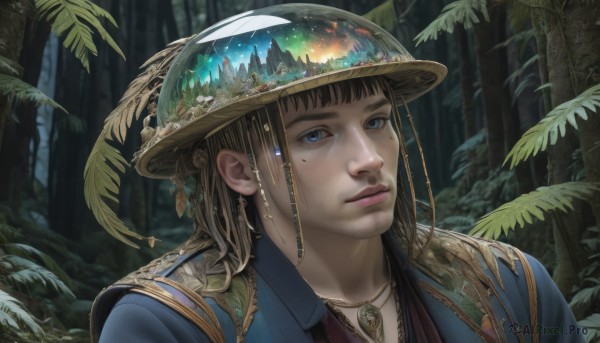 1girl,solo,long hair,looking at viewer,bangs,blue eyes,brown hair,1boy,hat,jewelry,closed mouth,upper body,male focus,earrings,outdoors,necklace,mole,blurry,tree,lips,mole under eye,leaf,feathers,plant,gem,portrait,nature,forest,freckles,realistic,nose,hat feather,shirt,black hair,blunt bangs,night,facial hair,scenery,fantasy