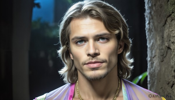 HQ,solo,looking at viewer,blue eyes,brown hair,1boy,jewelry,closed mouth,male focus,outdoors,medium hair,necklace,blurry,tree,lips,grey eyes,night,blurry background,facial hair,portrait,beard,realistic,nose,mustache,stubble,blonde hair,green eyes,scar