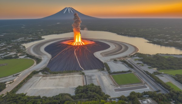 outdoors,sky,cloud,water,tree,no humans,ocean,fire,building,nature,scenery,forest,sunset,mountain,city,horizon,road,river,landscape,mountainous horizon,molten rock,beach,smoke,aircraft,cityscape,island,mount fuji