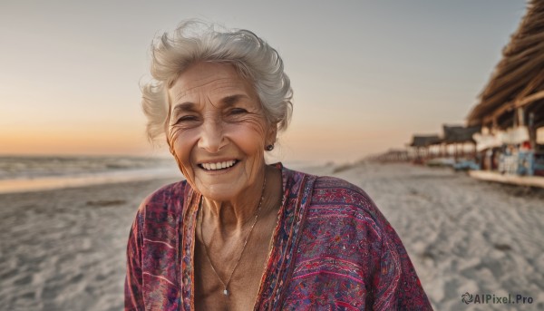 1girl,solo,looking at viewer,smile,1boy,jewelry,closed eyes,upper body,white hair,grey hair,male focus,earrings,outdoors,japanese clothes,teeth,day,kimono,necklace,grin,blurry,depth of field,blurry background,beach,facing viewer,realistic,old,old man,photo background,old woman,wrinkled skin,short hair,ocean,half-closed eyes,sunset