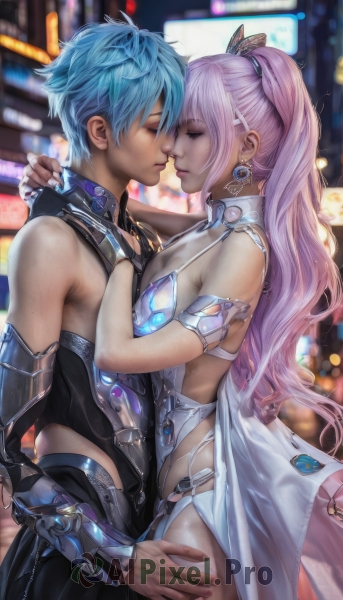 1girl,long hair,breasts,short hair,bangs,hair ornament,gloves,1boy,dress,bare shoulders,jewelry,blue hair,closed eyes,ponytail,pink hair,hetero,earrings,black gloves,fingerless gloves,nail polish,armor,blurry,from side,blurry background,couple,kiss,realistic,hand on another's ass,twintails,lips,nose,imminent kiss,face-to-face,heads together