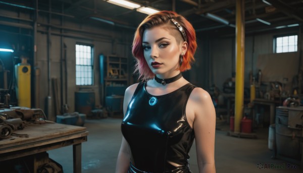 1girl,solo,breasts,looking at viewer,short hair,blue eyes,brown hair,bare shoulders,brown eyes,jewelry,medium breasts,upper body,hairband,earrings,sleeveless,choker,indoors,mole,blurry,lips,window,makeup,blurry background,black choker,tank top,forehead,freckles,science fiction,realistic,nose,cyborg,signature,collar,table,goggles,cyberpunk