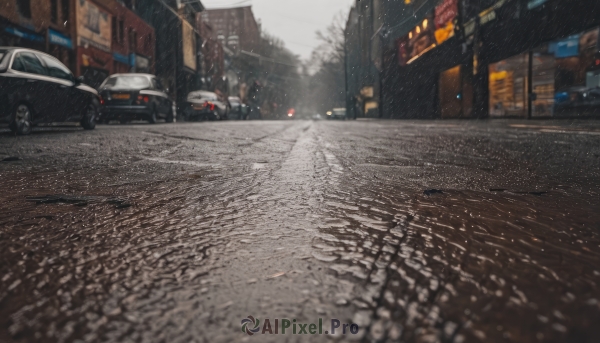 outdoors,blurry,tree,no humans,ground vehicle,building,scenery,motor vehicle,snow,rain,city,sign,realistic,car,road,vehicle focus,lamppost,street,photo background,real world location,sky,night,umbrella,puddle,pavement,sidewalk