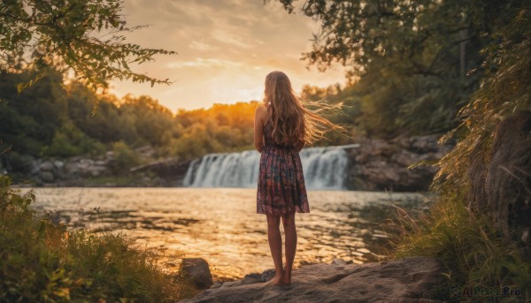 1girl, solo, long hair, skirt, brown hair, dress, standing, outdoors, sky, barefoot, sleeveless, cloud, water, bag, from behind, blurry, tree, sleeveless dress, depth of field, sunlight, cloudy sky, grass, plant, nature, scenery, sunset, rock, facing away, river, waterfall