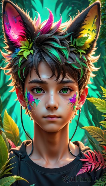 solo,looking at viewer,short hair,bangs,brown hair,shirt,black hair,1boy,animal ears,jewelry,closed mouth,green eyes,collarbone,upper body,male focus,multicolored hair,earrings,artist name,cat ears,blurry,lips,animal ear fluff,black shirt,eyelashes,makeup,headphones,leaf,watermark,facial mark,plant,portrait,extra ears,freckles,nose,cable,facepaint,earphones,earbuds,outdoors,green hair,day,messy hair,nature,web address,forest,paint splatter