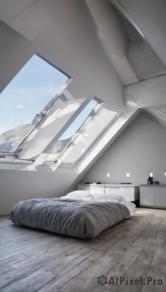 sky,day,cloud,indoors,blue sky,pillow,no humans,window,bed,shadow,table,sunlight,curtains,scenery,wooden floor,mountain,blanket,bedroom,still life,cabinet