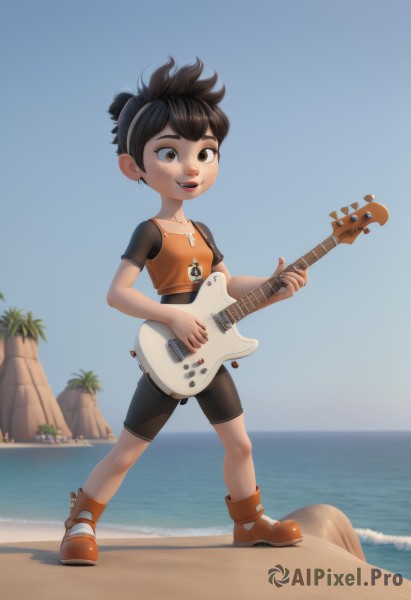 1girl,solo,smile,short hair,open mouth,brown hair,shirt,black hair,holding,brown eyes,jewelry,full body,earrings,boots,outdoors,sky,shorts,day,water,necklace,flat chest,tree,blue sky,ocean,beach,bike shorts,instrument,child,freckles,sand,palm tree,music,guitar,playing instrument,holding instrument,standing,ponytail,shoes,solo focus,t-shirt,orange shirt,electric guitar,plectrum