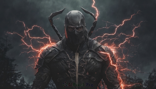 solo,looking at viewer,1boy,jacket,upper body,weapon,male focus,outdoors,horns,sky,sword,cloud,armor,tree,mask,helmet,cloudy sky,shoulder armor,nature,facing viewer,forest,rain,electricity,fake horns,lightning,horned helmet,science fiction,realistic,cyborg,weapon on back