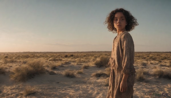 1girl,solo,looking at viewer,smile,short hair,black hair,long sleeves,dress,brown eyes,standing,cowboy shot,outdoors,parted lips,sky,dark skin,water,white dress,black eyes,dark-skinned female,lips,looking to the side,ocean,beach,scenery,curly hair,realistic,horizon,waves,shore,jewelry,closed mouth,medium hair,from side,floating hair,sunlight,wind,backlighting,sunset,sand,arms at sides,wind lift,looking afar,sepia,brown theme,desert