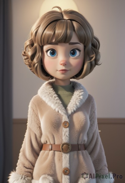 1girl,solo,looking at viewer,smile,short hair,bangs,blue eyes,blonde hair,brown hair,long sleeves,closed mouth,standing,upper body,ahoge,hairband,belt,indoors,blurry,sweater,lips,coat,fur trim,buttons,thick eyebrows,buckle,freckles,curly hair,brown belt,fur-trimmed coat,brown coat,blush,shirt,parted lips,artist name,blunt bangs,eyelashes,blurry background,turtleneck,backlighting,green shirt,arms at sides