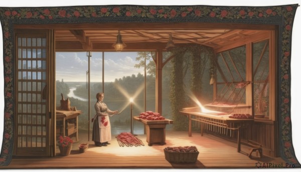 1girl,solo,short hair,brown hair,long sleeves,1boy,holding,standing,flower,male focus,outdoors,japanese clothes,sky,day,cloud,indoors,black footwear,apron,tree,window,blood,chair,table,sunlight,plant,red flower,scenery,white apron,lantern,wooden floor,potted plant,blood on clothes,architecture,wide shot,east asian architecture,vase,painting (object),garden,wooden table,wooden chair,food,border,light rays,mountain,basket,sliding doors