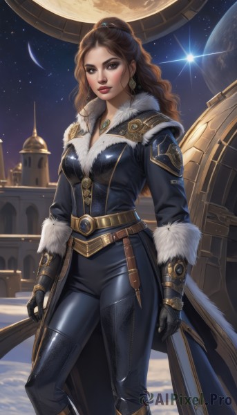 1girl,solo,long hair,breasts,looking at viewer,brown hair,gloves,cleavage,brown eyes,jewelry,medium breasts,standing,ponytail,earrings,boots,sky,black gloves,belt,pants,necklace,mole,lips,coat,fur trim,bodysuit,makeup,night,wavy hair,black pants,moon,lipstick,star (sky),night sky,eyeshadow,starry sky,red lips,space,leather,planet,earth (planet),tight pants,leather pants,parted lips,artist name,watermark,pendant,backlighting,realistic,nose,leather boots