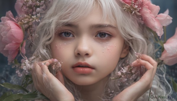 1girl, solo, long hair, looking at viewer, hair ornament, brown eyes, jewelry, flower, white hair, parted lips, hair flower, lips, hands up, eyelashes, ring, bug, portrait, close-up, pink flower, freckles, realistic, nose