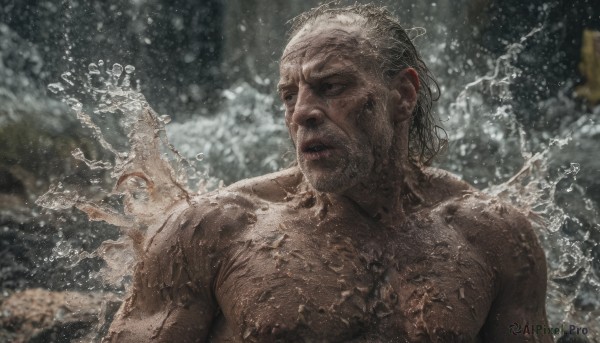 solo,1boy,closed eyes,upper body,male focus,nude,outdoors,parted lips,water,blurry,wet,muscular,facial hair,bug,muscular male,realistic,manly,splashing,chest hair,short hair,closed mouth,white hair,grey hair,blurry background,scar,looking away,pectorals,beard,scar on face,water drop,mature male,old,old man,wrinkled skin