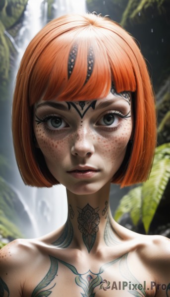 1girl,solo,breasts,looking at viewer,short hair,bangs,cleavage,collarbone,upper body,nude,red hair,small breasts,parted lips,artist name,blunt bangs,water,orange hair,mole,blurry,lips,grey eyes,eyelashes,tattoo,makeup,blurry background,bob cut,portrait,freckles,realistic,chest tattoo,waterfall,neck tattoo,green eyes,leaf,watermark,plant,web address,dirty