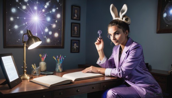 1girl,solo,looking at viewer,short hair,brown hair,shirt,black hair,long sleeves,holding,animal ears,brown eyes,sitting,jacket,sweat,necktie,glasses,collared shirt,pants,indoors,hand up,hair bun,rabbit ears,mole,lips,book,makeup,fake animal ears,formal,table,single hair bun,suit,mole under mouth,black necktie,desk,paper,round eyewear,pen,lamp,purple jacket,photo (object),pencil,holding pen,hair twirling,smile,black eyes,realistic