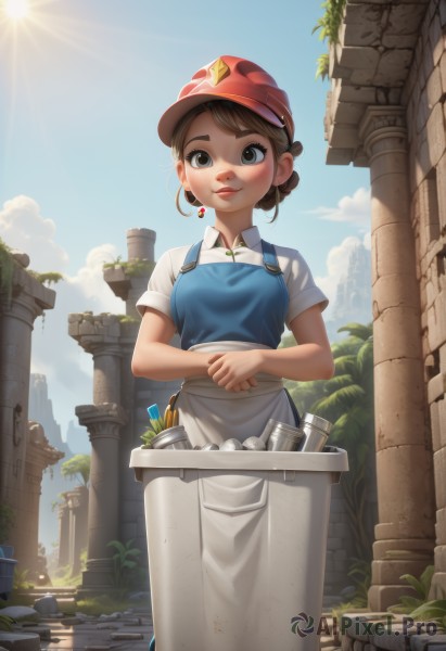 1girl,solo,breasts,looking at viewer,blush,smile,short hair,brown hair,shirt,hat,brown eyes,jewelry,standing,white shirt,short sleeves,earrings,outdoors,parted lips,sky,day,collared shirt,cloud,hair bun,black eyes,apron,tree,blue sky,lips,sunlight,single hair bun,plant,waist apron,white apron,red headwear,sun,overalls,ruins,pillar,blue apron,bangs,blue eyes,thick eyebrows,own hands together,freckles