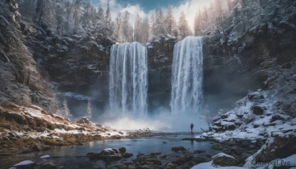 A waterfall showcased in a bold snowy day