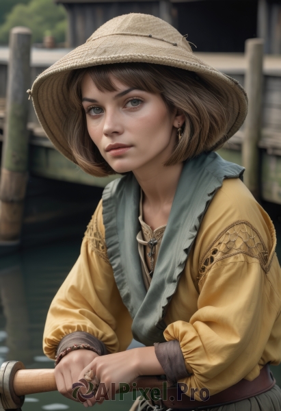 1girl,solo,looking at viewer,short hair,bangs,blue eyes,brown hair,shirt,long sleeves,hat,dress,holding,jewelry,upper body,weapon,earrings,outdoors,parted lips,day,puffy sleeves,belt,sword,holding weapon,blurry,lips,grey eyes,depth of field,blurry background,ring,puffy long sleeves,freckles,realistic,nose,straw hat,brown eyes,closed mouth,bracelet,own hands together,leather belt