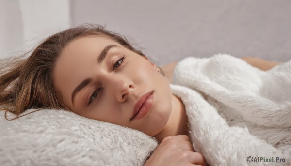 1girl,solo,long hair,looking at viewer,brown hair,brown eyes,jewelry,closed mouth,earrings,lying,blurry,black eyes,lips,pillow,on side,portrait,realistic,nose,blanket,sweater,eyelashes,expressionless,half-closed eyes,thick eyebrows,close-up,white sweater