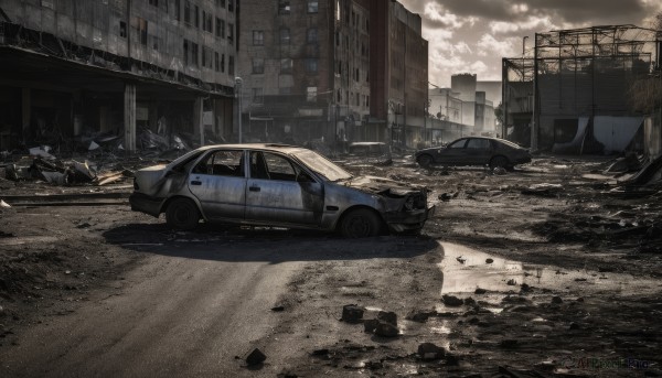 outdoors,sky,day,cloud,no humans,cloudy sky,ground vehicle,building,scenery,motor vehicle,city,realistic,fence,car,road,ruins,bridge,vehicle focus,lamppost,street,puddle,debris,broken glass,truck,tire,post-apocalypse,broken window,window,rubble