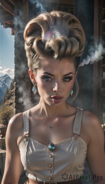 1girl,solo,long hair,breasts,looking at viewer,blue eyes,blonde hair,cleavage,bare shoulders,jewelry,medium breasts,collarbone,upper body,earrings,outdoors,parted lips,sleeveless,day,belt,mole,lips,eyelashes,makeup,lipstick,gem,steam,mole under mouth,smoke,mole on breast,mountain,realistic,nose,red lips,brown belt,mascara,small breasts,midriff,crop top,piercing,curly hair,smoking,navel piercing,nose piercing