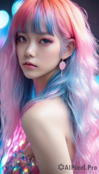 1girl,solo,long hair,breasts,looking at viewer,bangs,dress,bare shoulders,jewelry,closed mouth,blue hair,upper body,pink hair,multicolored hair,earrings,blunt bangs,black eyes,from side,two-tone hair,lips,grey eyes,eyelashes,makeup,gem,eyeshadow,realistic,nose,eyeliner,mascara,gradient hair,watermark,wavy hair,expressionless,lipstick,pink lips