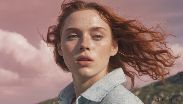 1girl,solo,long hair,looking at viewer,blue eyes,brown hair,shirt,white shirt,outdoors,parted lips,sky,teeth,day,collared shirt,cloud,blurry,lips,grey eyes,floating hair,blurry background,cloudy sky,wind,portrait,freckles,realistic,nose,green eyes,denim jacket