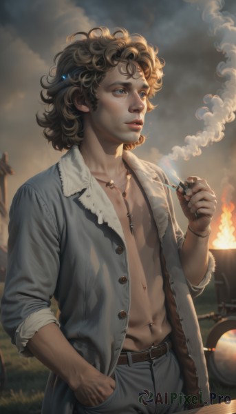 solo,short hair,blue eyes,brown hair,shirt,1boy,navel,holding,jewelry,standing,collarbone,jacket,male focus,cowboy shot,outdoors,parted lips,open clothes,sky,belt,pants,cloud,necklace,lips,open shirt,piercing,ring,cloudy sky,fire,denim,ground vehicle,messy hair,motor vehicle,smoke,freckles,curly hair,cigarette,hand in pocket,realistic,nose,smoking,unbuttoned,brown belt,looking afar,grey pants,navel piercing,unbuttoned shirt,holding cigarette,lighter,blonde hair,hair ornament,tattoo