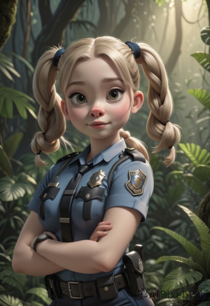 1girl,solo,long hair,breasts,looking at viewer,blush,smile,blonde hair,shirt,twintails,brown eyes,medium breasts,closed mouth,standing,upper body,braid,short sleeves,outdoors,necktie,day,collared shirt,belt,artist name,blurry,uniform,twin braids,tree,lips,blurry background,leaf,crossed arms,blue shirt,plant,nature,black necktie,forest,freckles,pocket,watch,pouch,hair tie,wristwatch,breast pocket,holster,badge,police,police uniform,policewoman,brown hair,forehead,nose,utility belt