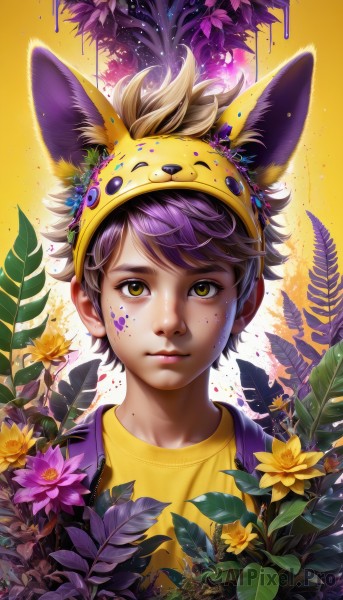 solo,looking at viewer,short hair,bangs,shirt,1boy,animal ears,brown eyes,closed mouth,yellow eyes,upper body,purple hair,flower,male focus,hairband,artist name,signature,mole,lips,fake animal ears,leaf,facial mark,plant,portrait,yellow background,androgynous,freckles,yellow shirt,realistic,yellow flower,nose,purple flower,facepaint,brown hair,hat,hood,hoodie,web address,male child,animal hat,paint