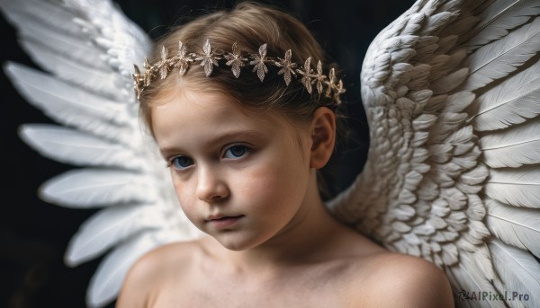 1girl,solo,looking at viewer,short hair,blue eyes,blonde hair,simple background,brown hair,hair ornament,bare shoulders,closed mouth,flower,nude,wings,lips,black background,portrait,feathered wings,androgynous,freckles,angel wings,realistic,white wings,angel,head wreath,brown eyes,upper body